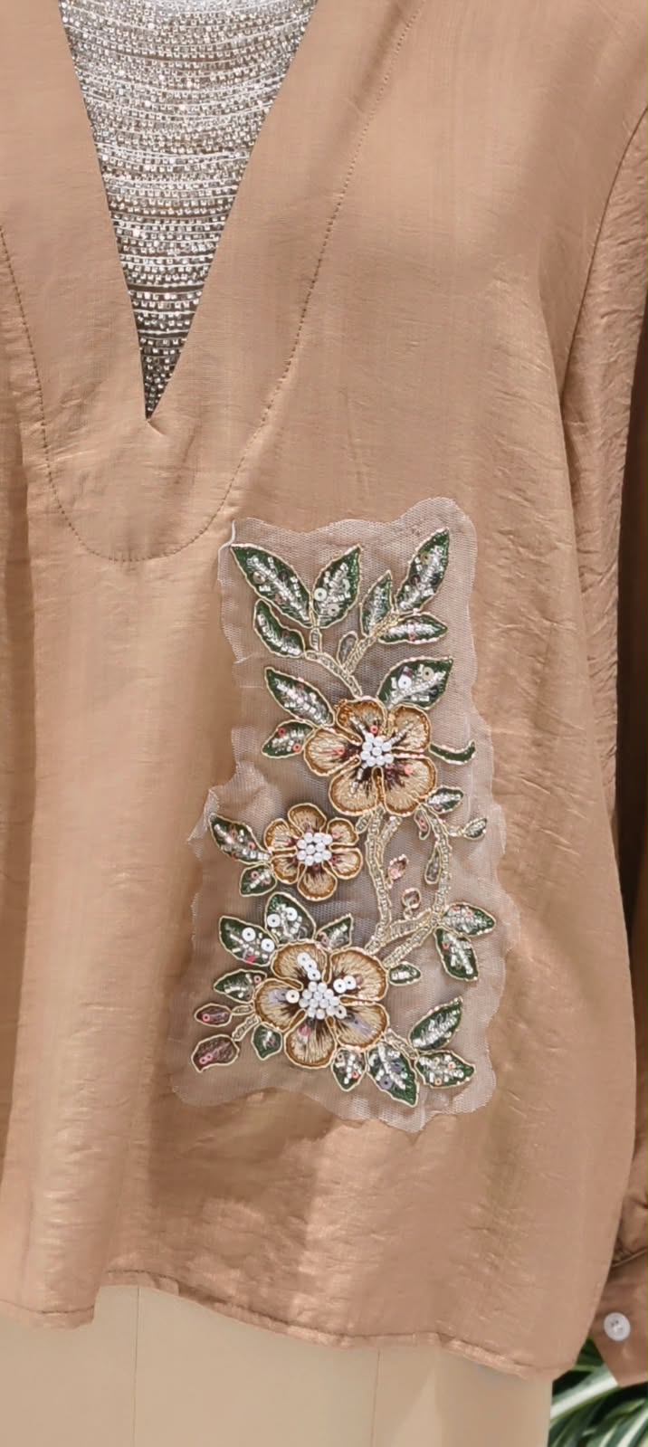 Elegant Floral Embroidery Patched Shimmer Jewel Imported Western Only Top- 16164