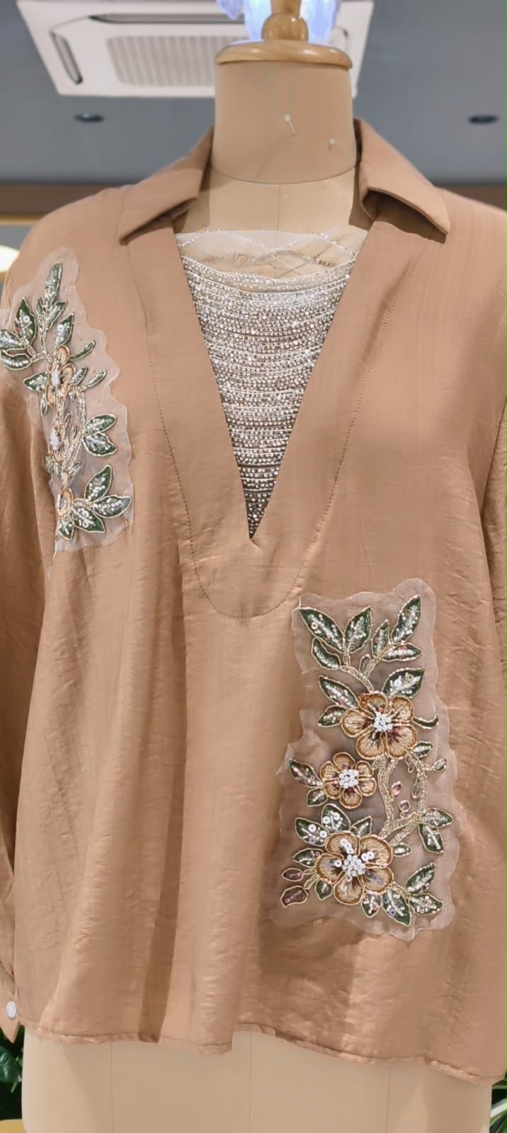 Elegant Floral Embroidery Patched Shimmer Jewel Imported Western Only Top- 16164