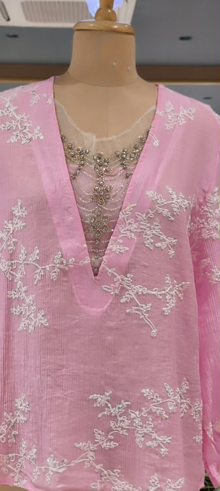 Floral Sheer Embroidery Syroski Stone Jewel Front Work Imported Western Top- 16172