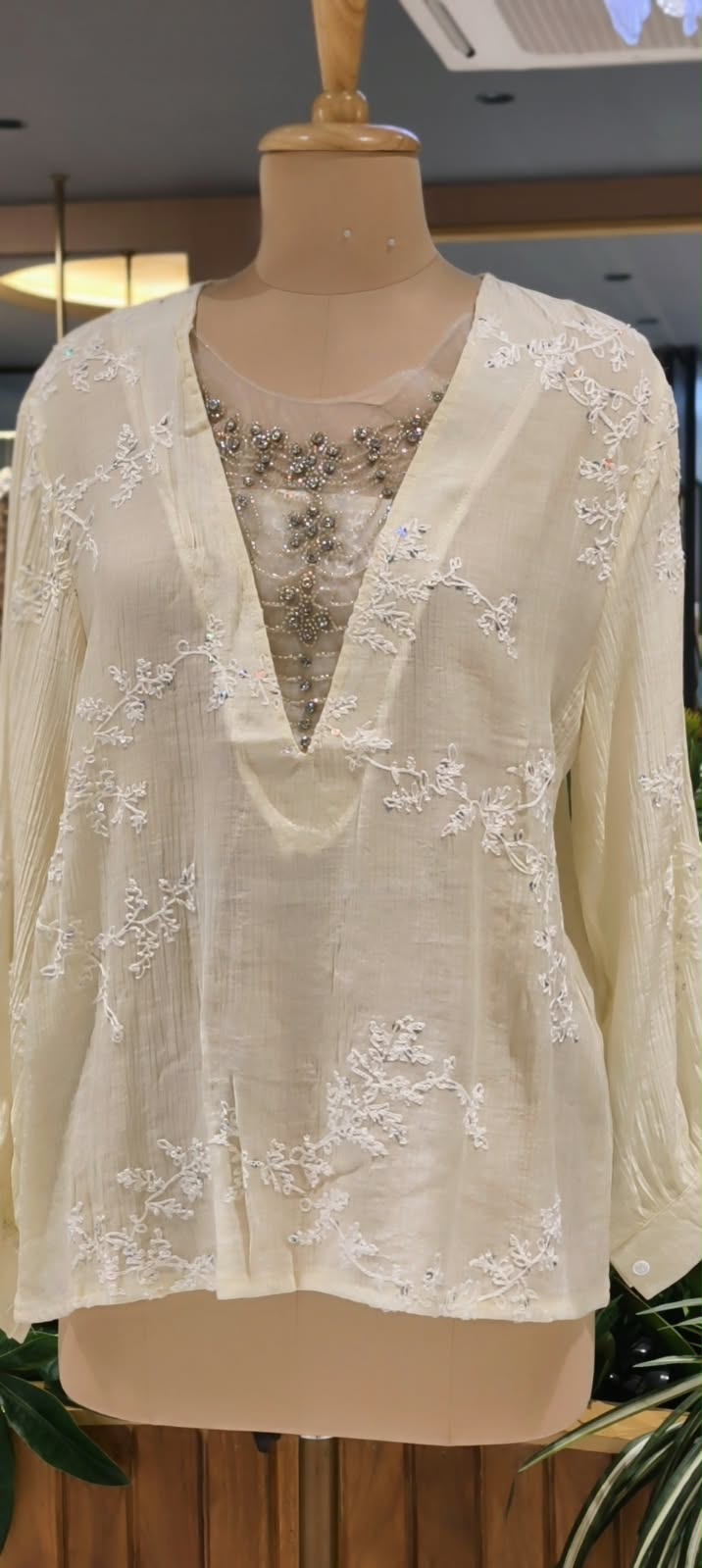 Floral Sheer Embroidery Syroski Stone Jewel Front Work Imported Western Top- 16172