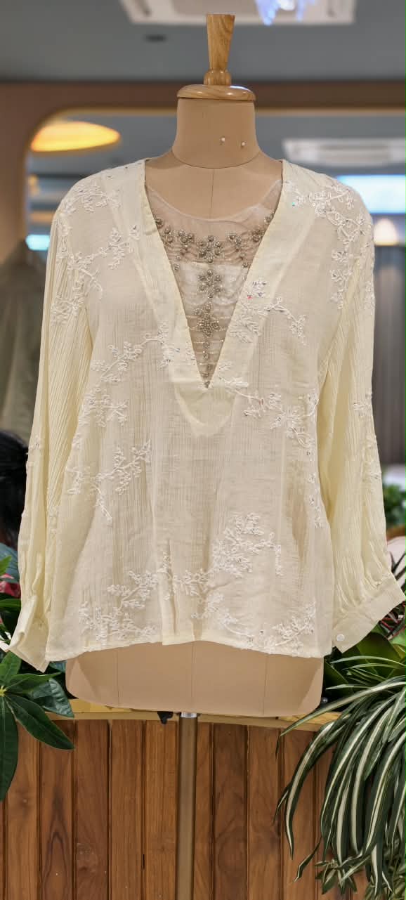 Floral Sheer Embroidery Syroski Stone Jewel Front Work Imported Western Top- 16172