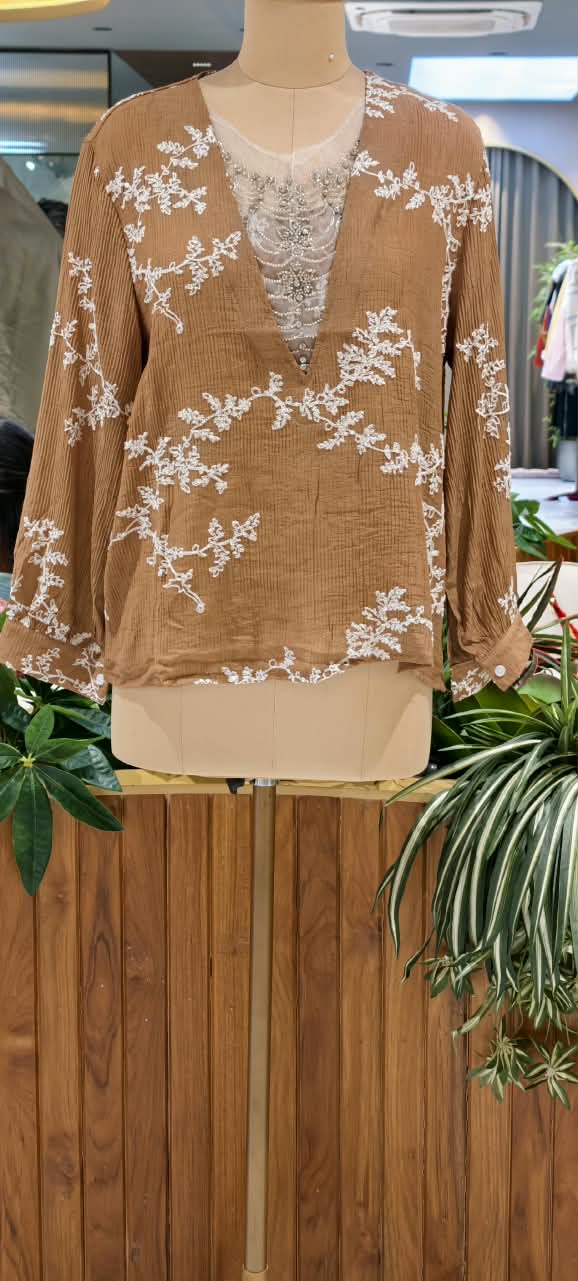 Floral Sheer Embroidery Syroski Stone Jewel Front Work Imported Western Top- 16172