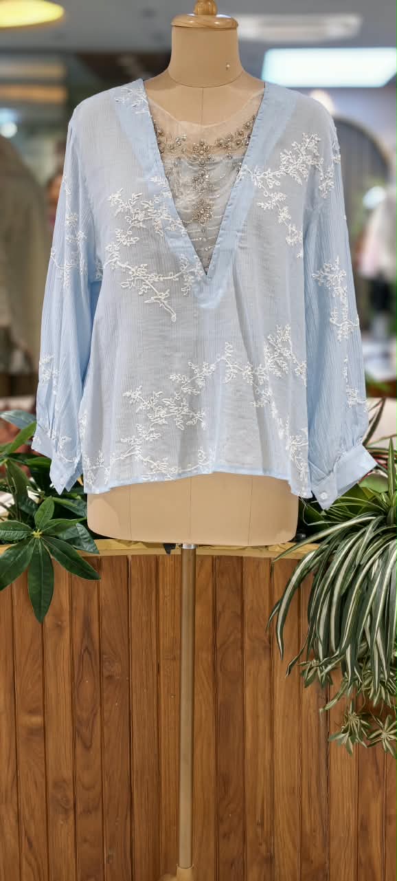 Floral Sheer Embroidery Syroski Stone Jewel Front Work Imported Western Top- 16172