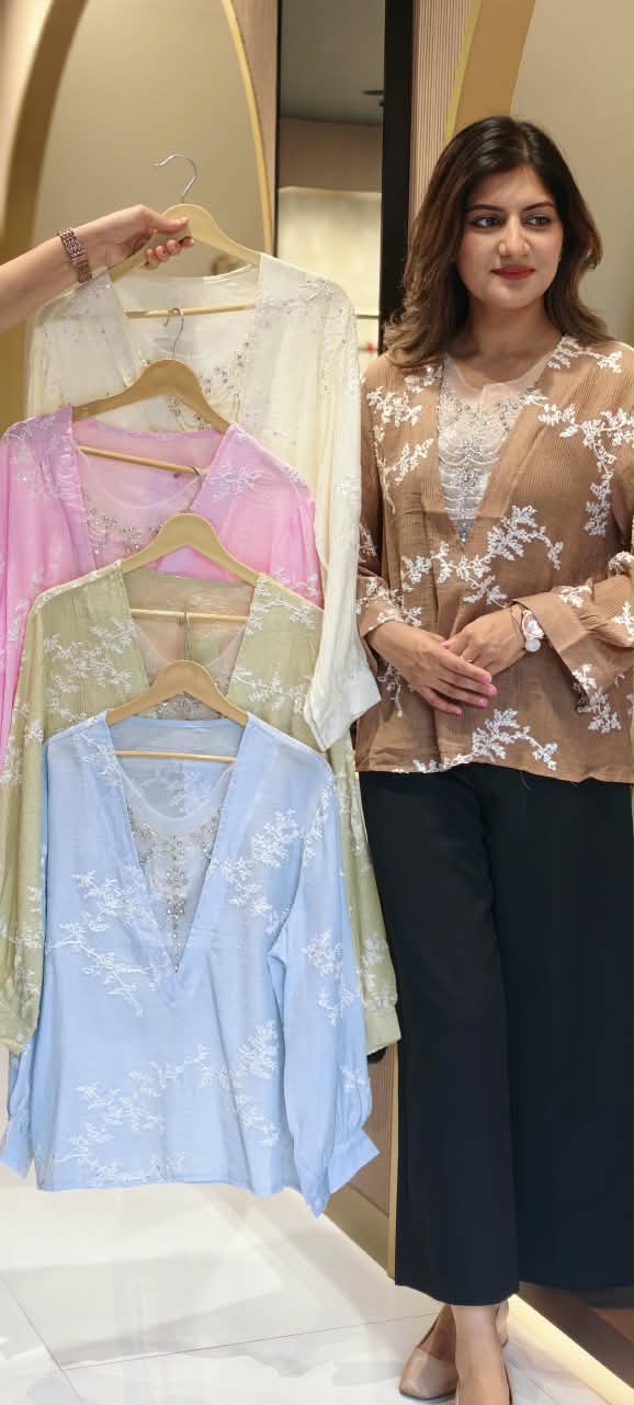 Floral Sheer Embroidery Syroski Stone Jewel Front Work Imported Western Top- 16172