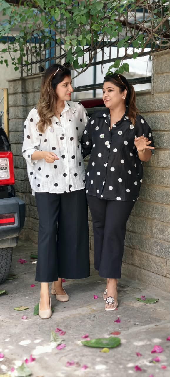 Cute Floral Beaded Stone Polka Prints Oversized Imported Western Shirt- 16189