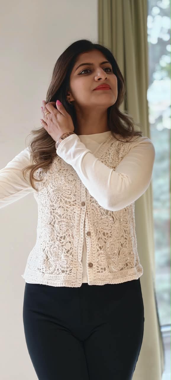 Floral Crochet Layered Style Outer With Full Base Imported Top- 16175