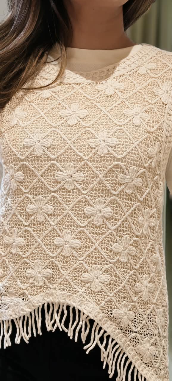 Off-White Lattice Floral Crochet Sleeveless Sweater Vest Top with Asymmetric Fringe Hem Top- 16175