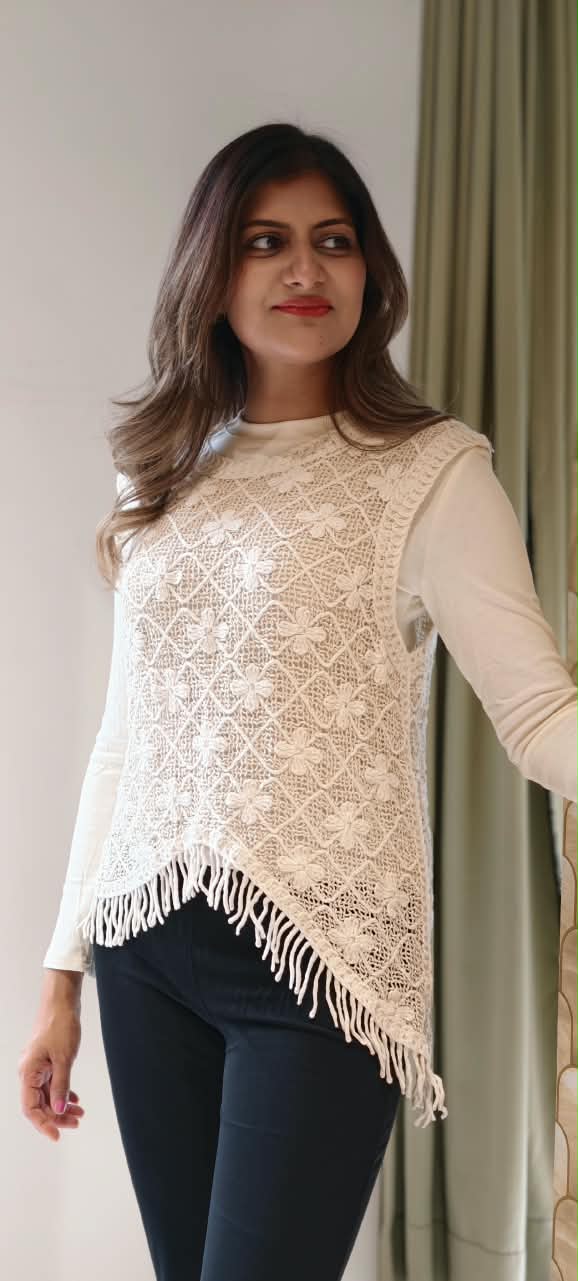 Off-White Lattice Floral Crochet Sleeveless Sweater Vest Top with Asymmetric Fringe Hem Top- 16175