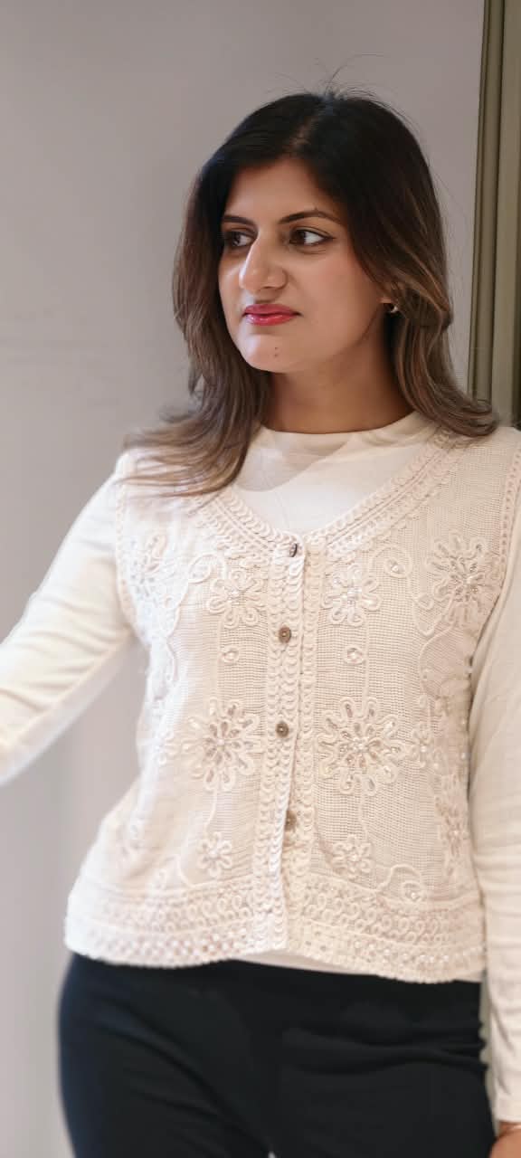 Off-White Floral Embroidered Button-Down Crochet Vest Top with Sequins and Pearl Accents- 16175