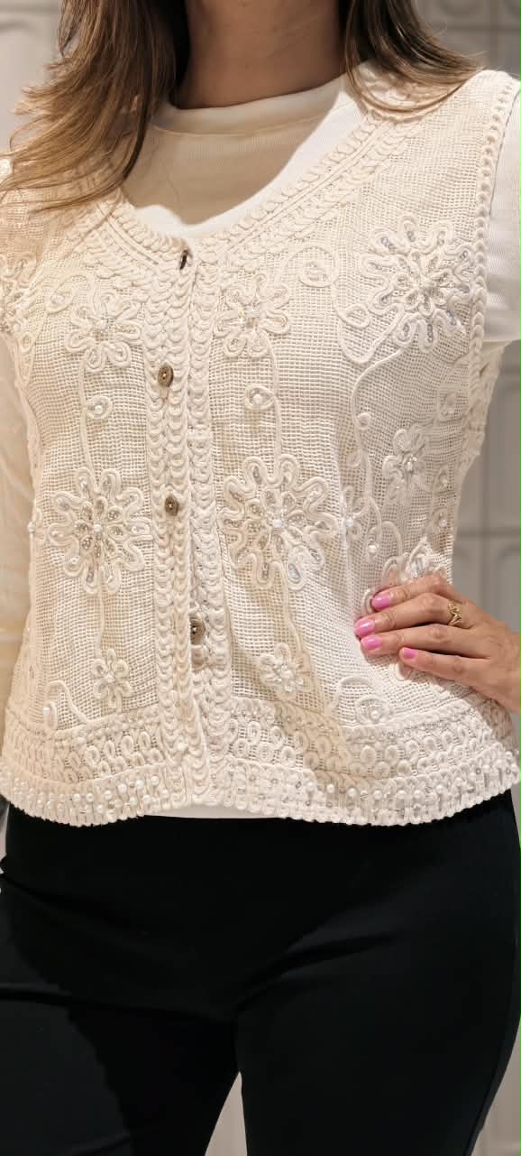 Off-White Floral Embroidered Button-Down Crochet Vest Top with Sequins and Pearl Accents- 16175