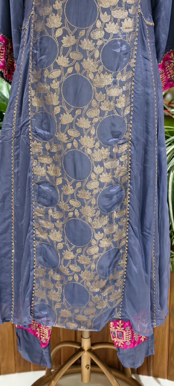 Brocade Touch Lace Detailing Side Panels A-Line Solid Full Suit Set With Dupatta With Pink Contrast- 16092