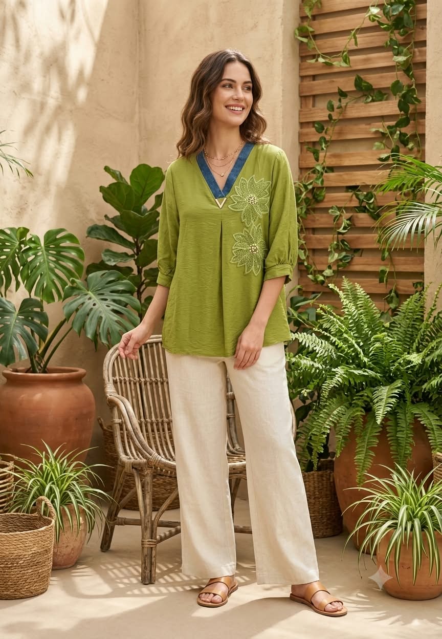 Floral Pearl Detailing Popped Over Sized Imported Western Top- 16147