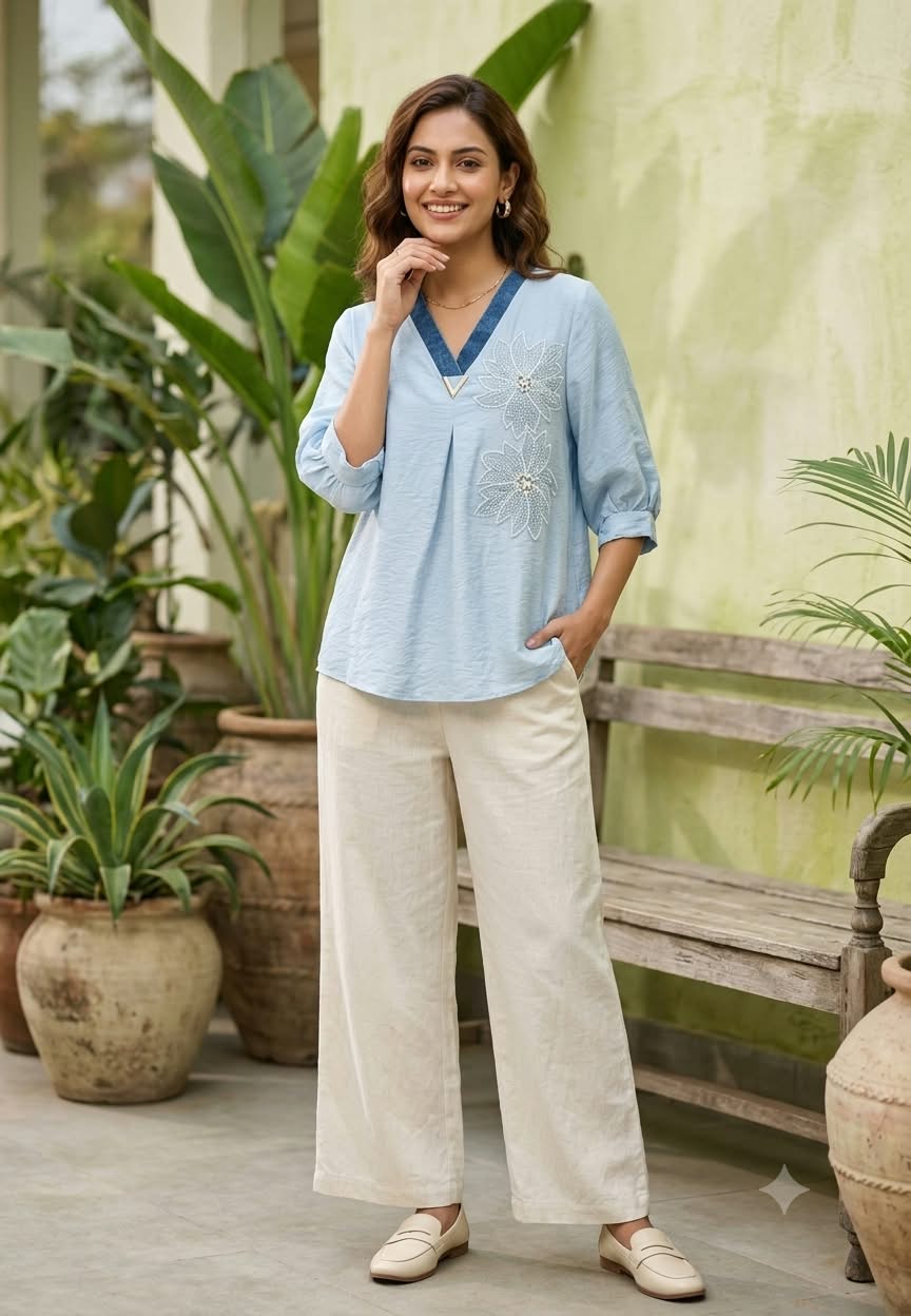 Floral Pearl Detailing Popped Over Sized Imported Western Top- 16147