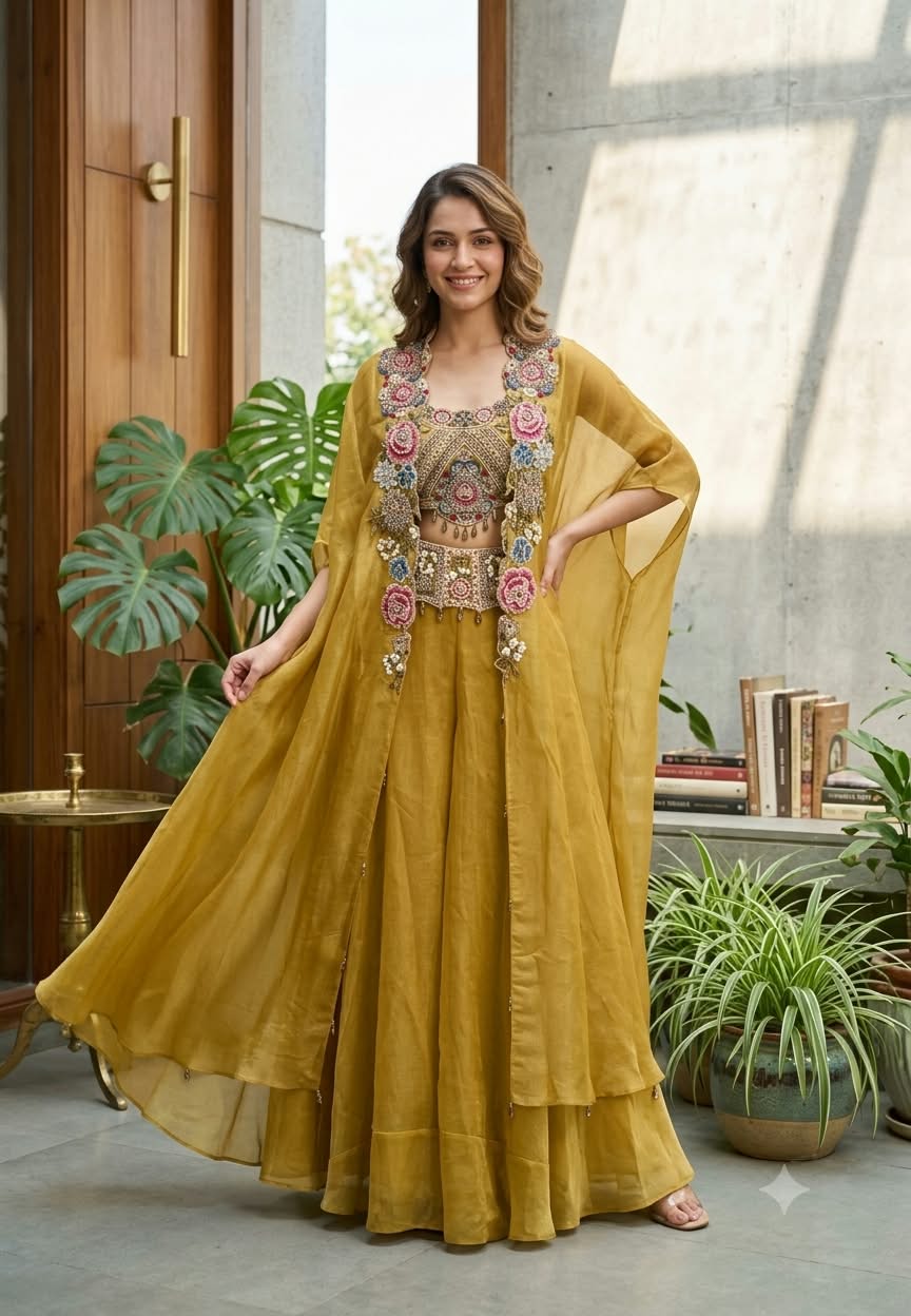 Designer Heavy Hand-Embroidered Rajasthani Tribal Inspired Glace Tissue Mustard Crop-Top With Outer & Flared Bottom- 14728