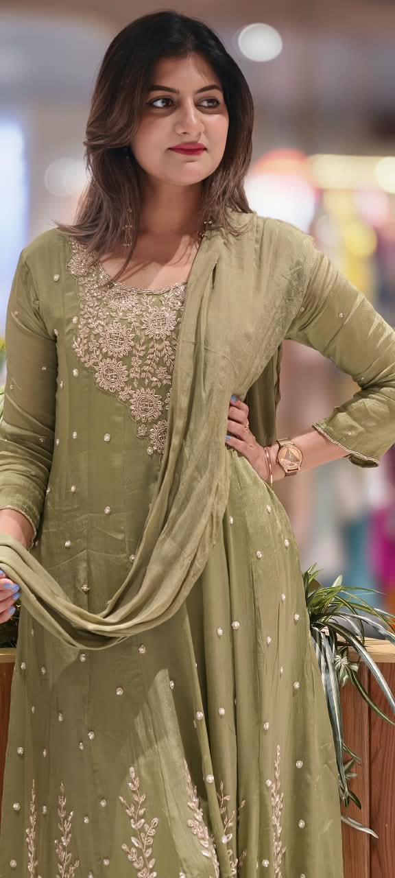 Heavy Zardozi Blend Embroidery Work Anarkali Suit Set with Pearl/Sequins Booti Work In Chinon Fabric- 16235