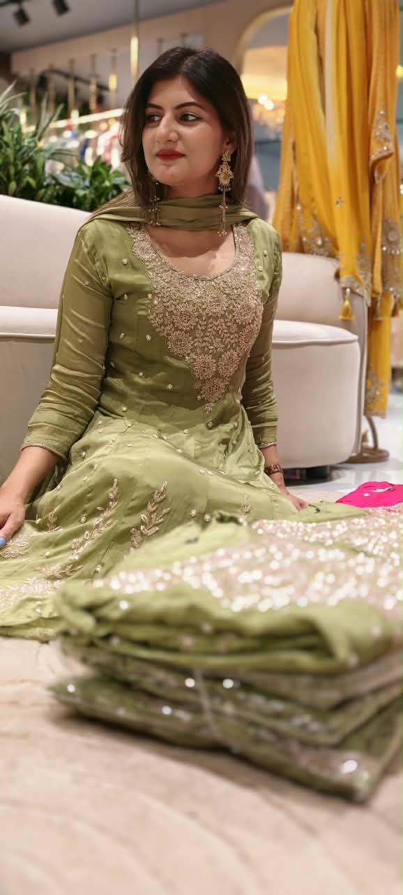 Heavy Zardozi Blend Embroidery Work Anarkali Suit Set with Pearl/Sequins Booti Work In Chinon Fabric- 16235