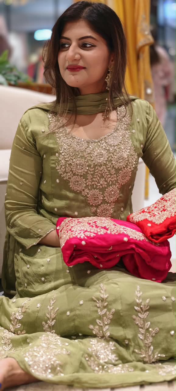 Heavy Zardozi Blend Embroidery Work Anarkali Suit Set with Pearl/Sequins Booti Work In Chinon Fabric- 16235