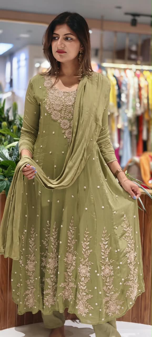 Heavy Zardozi Blend Embroidery Work Anarkali Suit Set with Pearl/Sequins Booti Work In Chinon Fabric- 16235