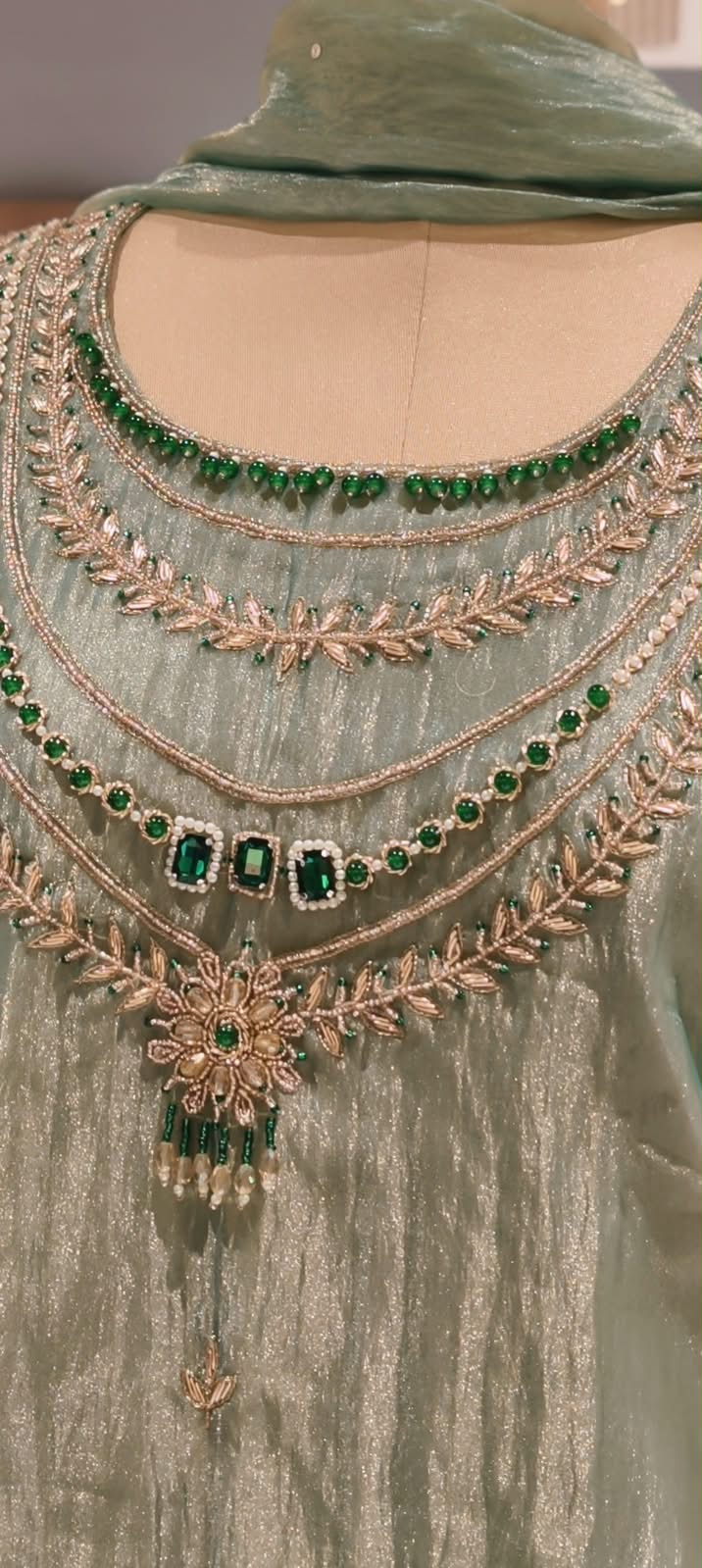 Premium Jewel Stone Zardosi Embroidery Over Yoke A-Line Crush Tissue Full Suit Set With Dupatta- 16236