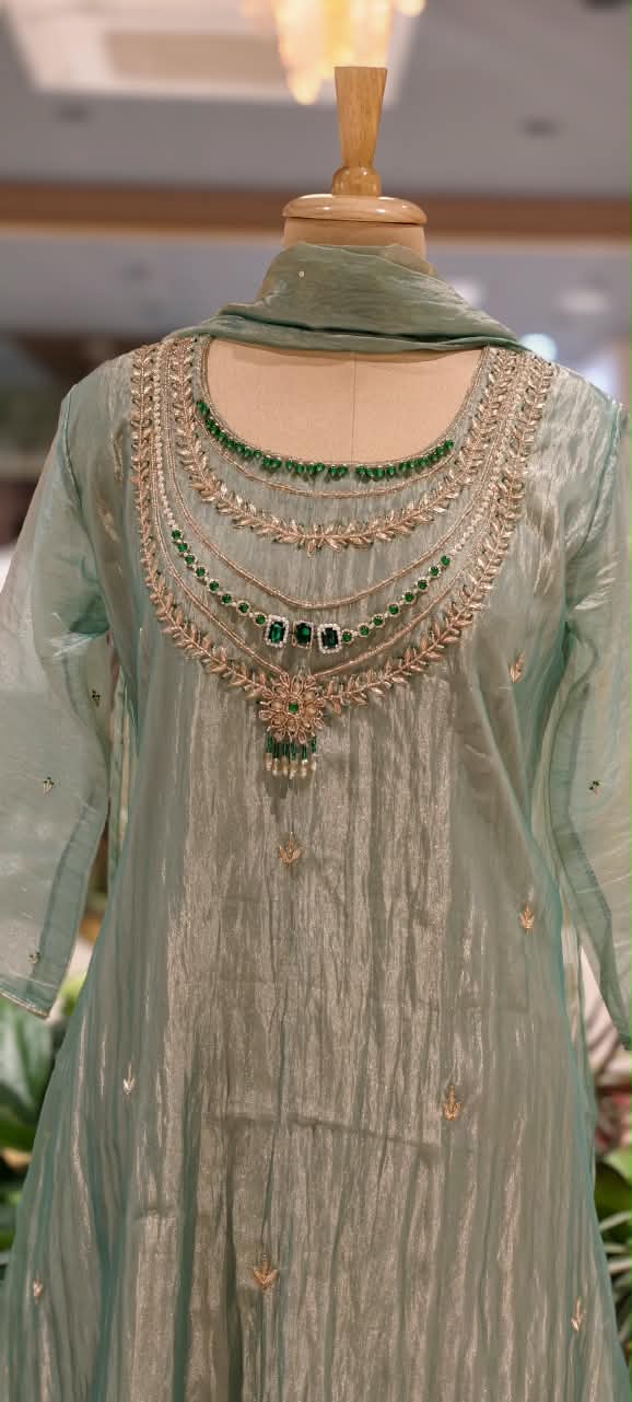 Premium Jewel Stone Zardosi Embroidery Over Yoke A-Line Crush Tissue Full Suit Set With Dupatta- 16236
