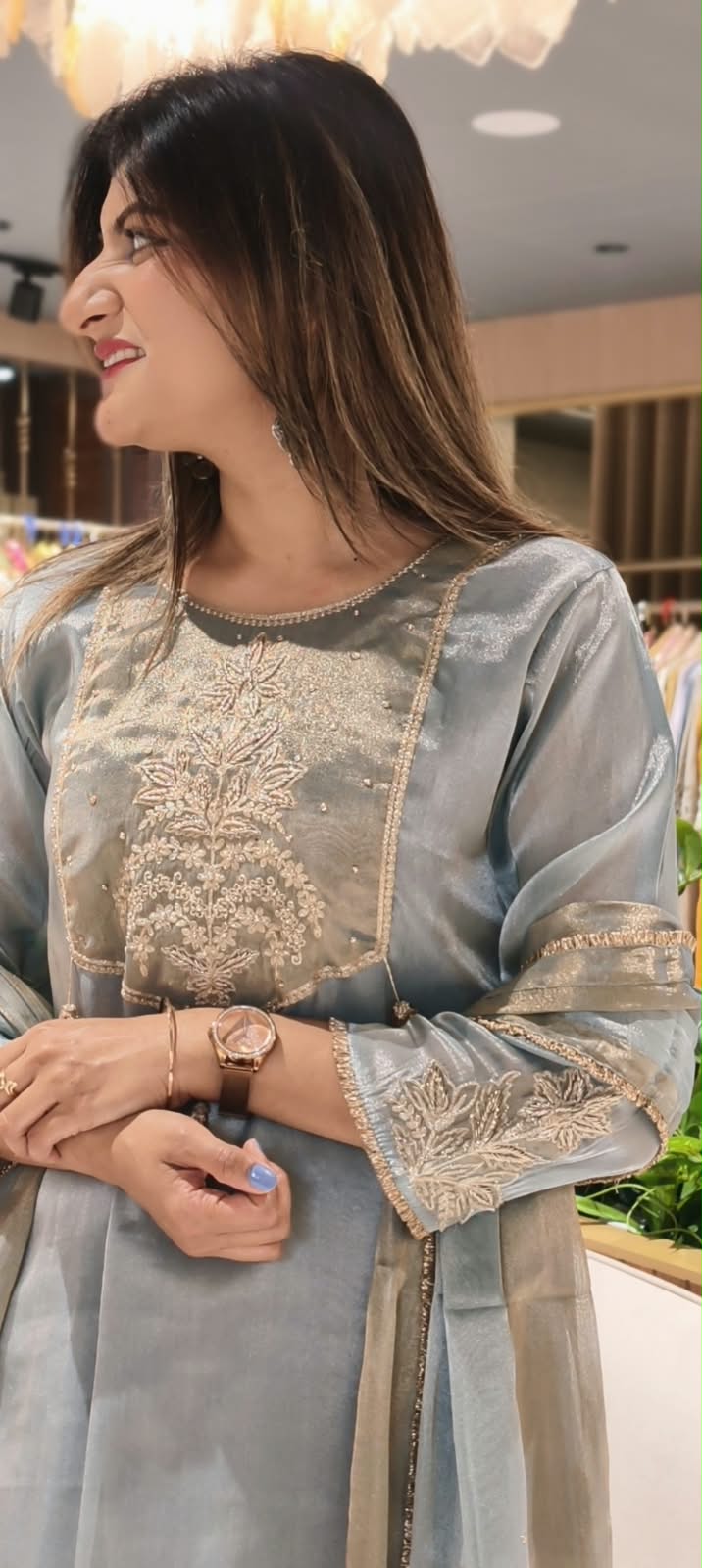 High End Tissue English Color Pallete Golden Highligted Embroidery Works A-Line Full Suit Set With Dupatta- 16070