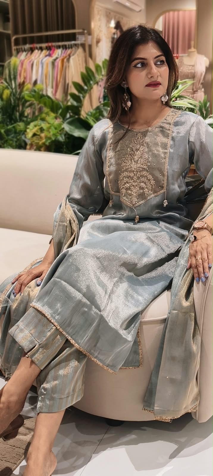 High End Tissue English Color Pallete Golden Highligted Embroidery Works A-Line Full Suit Set With Dupatta- 16070