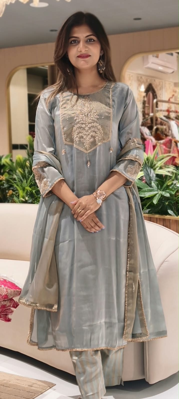 High End Tissue English Color Pallete Golden Highligted Embroidery Works A-Line Full Suit Set With Dupatta- 16070