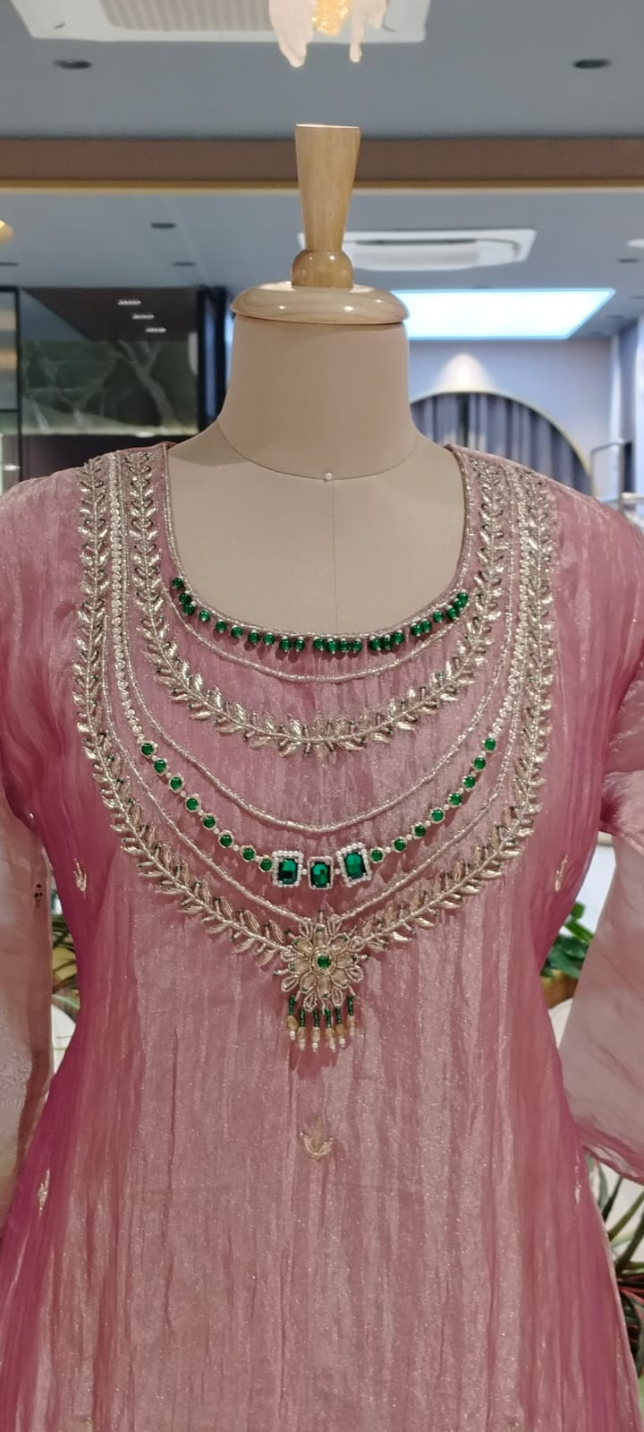 Premium Jewel Stone Zardosi Embroidery Over Yoke A-Line Crush Tissue Full Suit Set With Dupatta- 16236