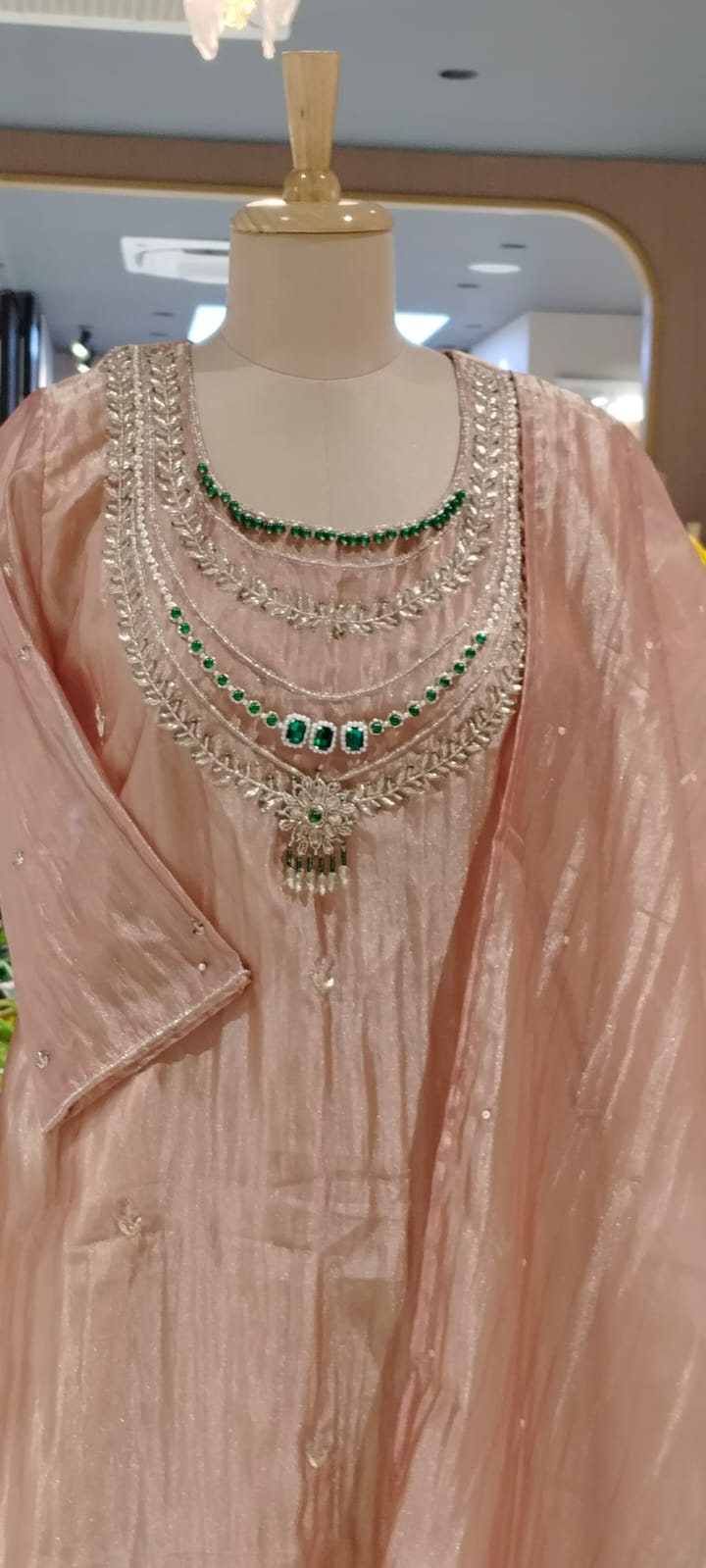 Premium Jewel Stone Zardosi Embroidery Over Yoke A-Line Crush Tissue Full Suit Set With Dupatta- 16236