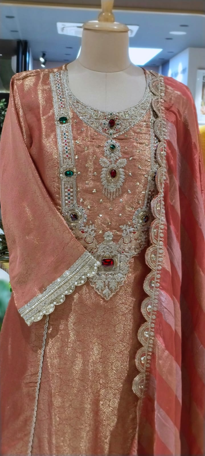 Pure Banarsi Brocade Jewel Stone Golden Panels A-Line Full Suit Set With Dupatta- 16234