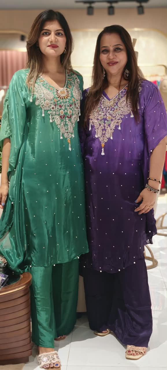 Pure Indo-Look Celestial Reindrops Scattered Tassel Accent Embroidered Yoke Kurta Pant Set- 16225