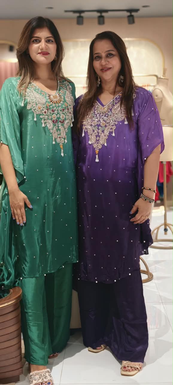 Pure Indo-Look Celestial Reindrops Scattered Tassel Accent Embroidered Yoke Kurta Pant Set- 16225