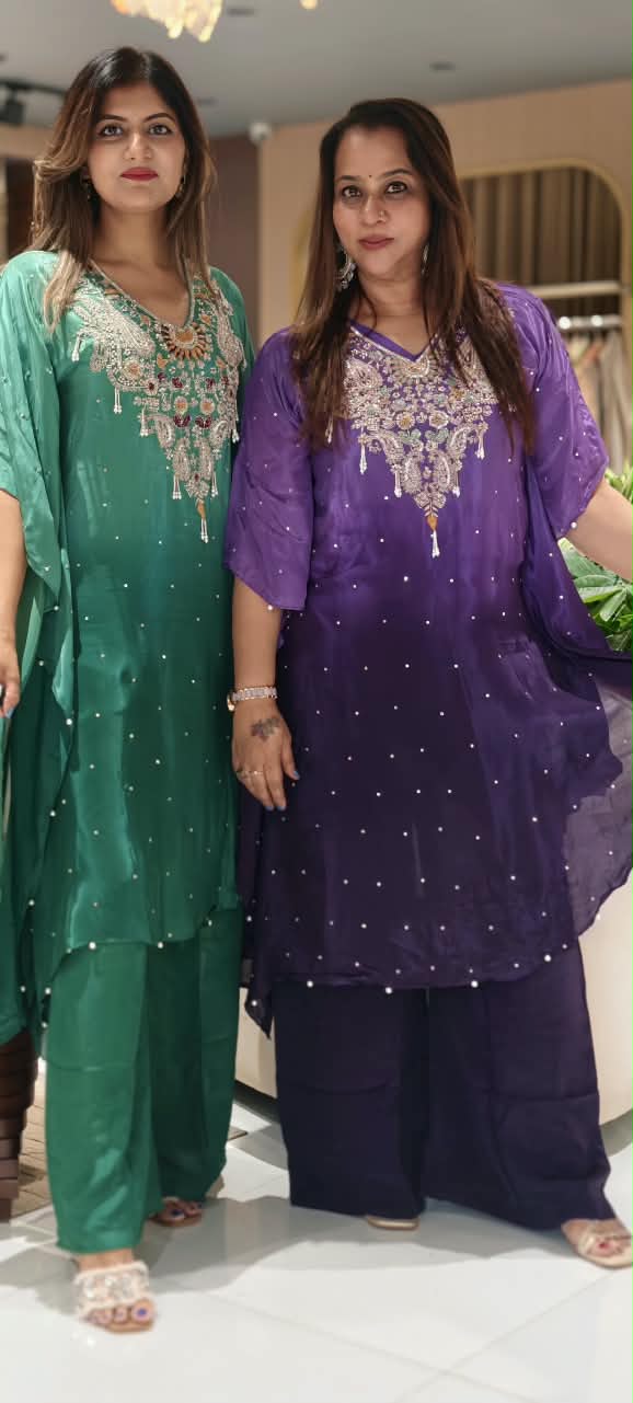 Pure Indo-Look Celestial Reindrops Scattered Tassel Accent Embroidered Yoke Kurta Pant Set- 16225