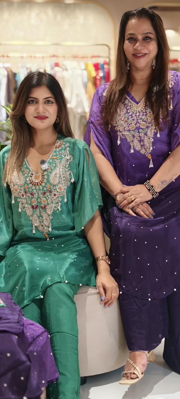Pure Indo-Look Celestial Reindrops Scattered Tassel Accent Embroidered Yoke Kurta Pant Set- 16225