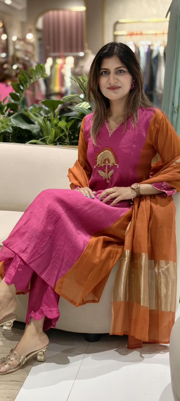 Vibrant Fuschia Rust Combination Sun-Inspired Embroidery Mul-Chanderi A-Line Full Suit Set With Dupatta- 16075