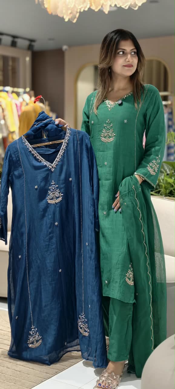 Elegant Embroidery Banarasi Mul-Chanderi Solid Shade A-Line Full Suit Set With Dupatta- 16222