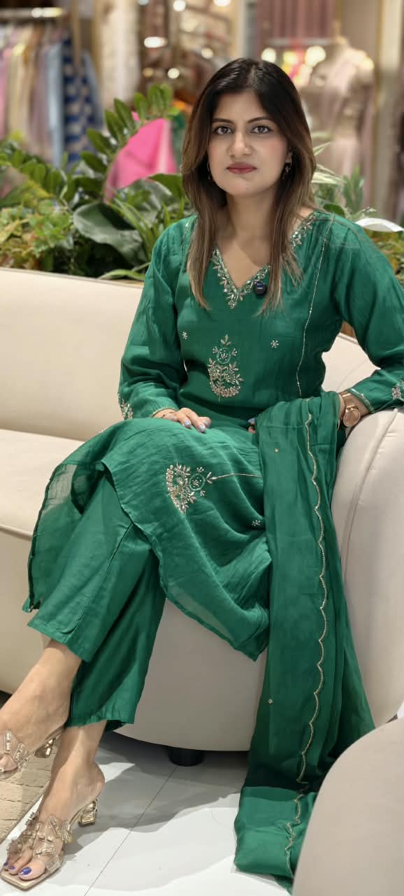 Elegant Embroidery Banarasi Mul-Chanderi Solid Shade A-Line Full Suit Set With Dupatta- 16222