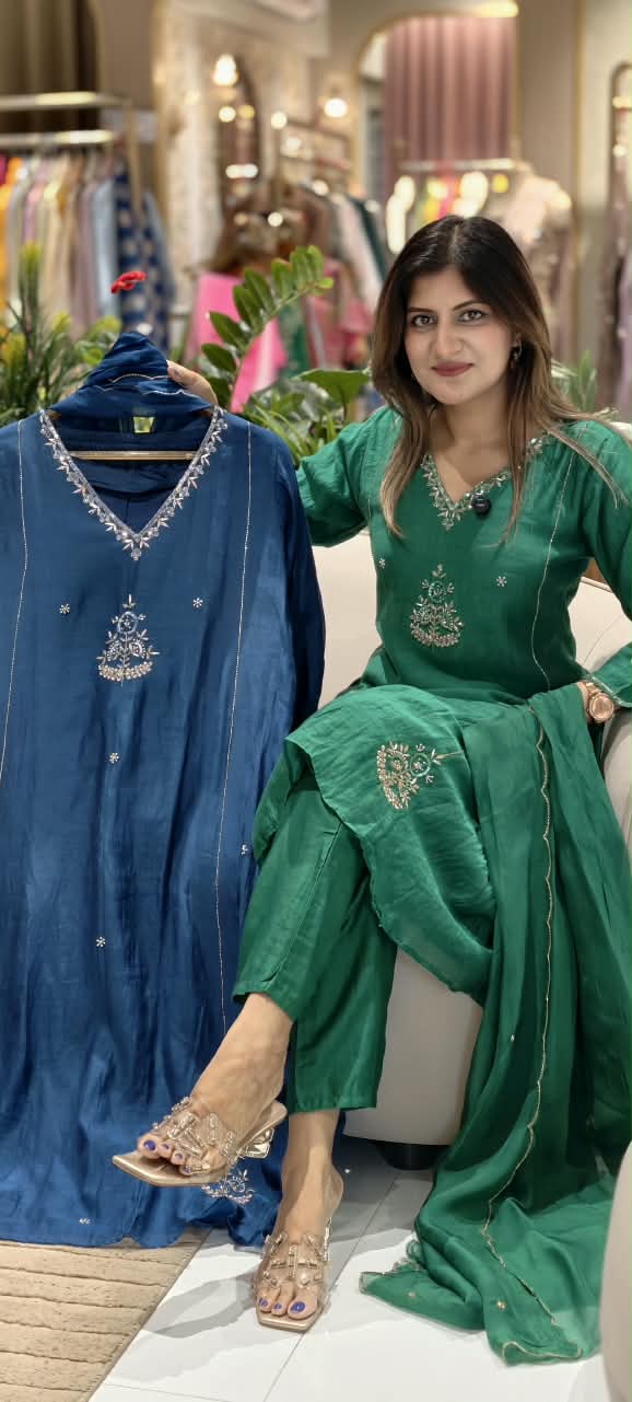 Elegant Embroidery Banarasi Mul-Chanderi Solid Shade A-Line Full Suit Set With Dupatta- 16222