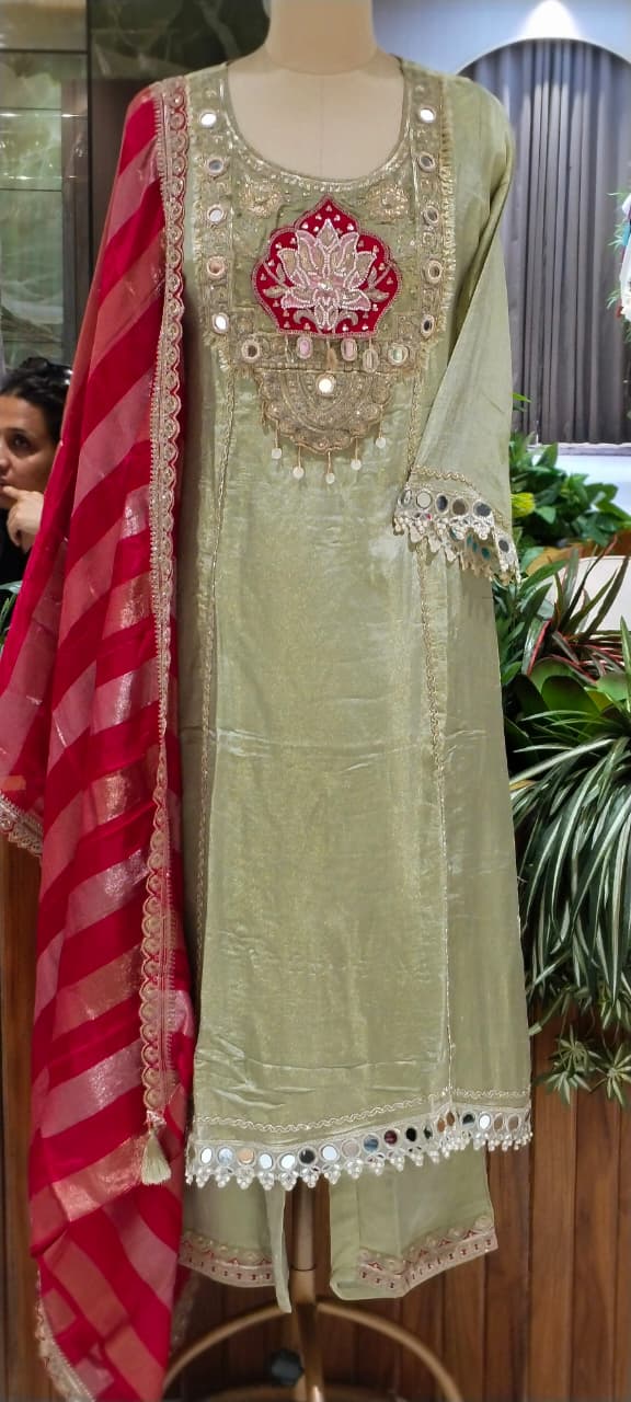 Lotus Inspired Graceful Heavy Designer Work Shimmery Tissue A-Line Full Suit Set With Dupatta- 16232