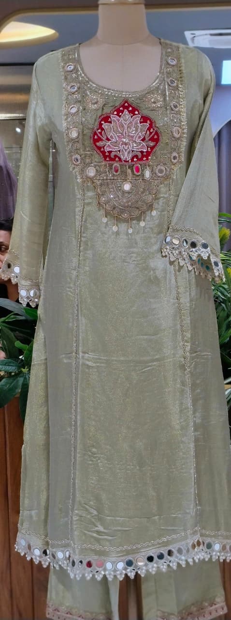 Lotus Inspired Graceful Heavy Designer Work Shimmery Tissue A-Line Full Suit Set With Dupatta- 16232