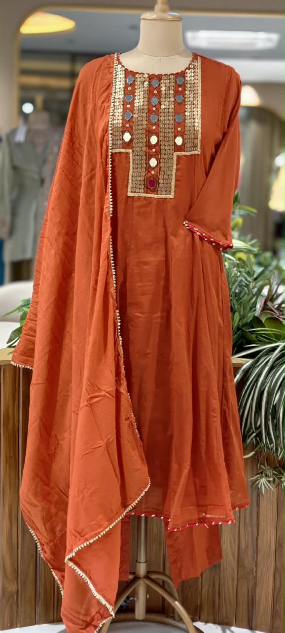 Real Mirror Boho Chic Boxed Yoke Panel Mul-Cotton Anarkali Full Suit Set With Dupatta- 16241