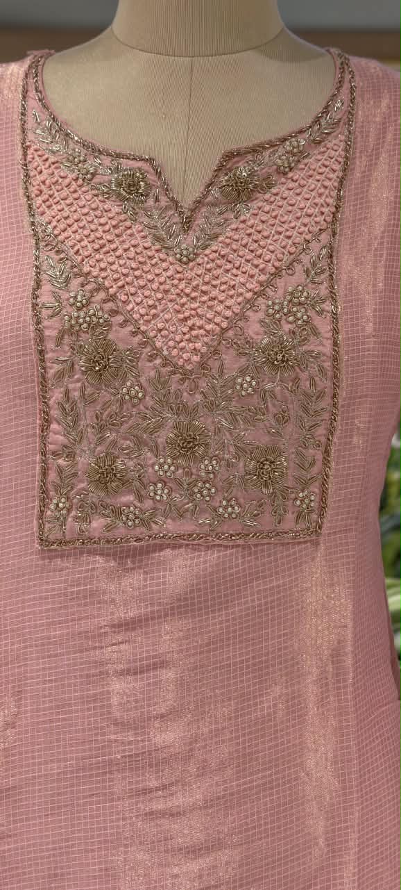 Blush Kota Tissue Checks Elegant Yoek Embroidery Staright Full Suit Set With Dupatta- 16244