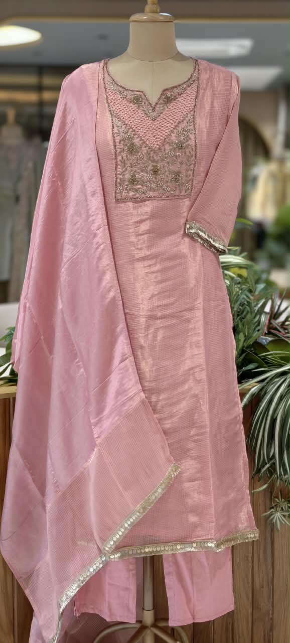Blush Kota Tissue Checks Elegant Yoek Embroidery Staright Full Suit Set With Dupatta- 16244
