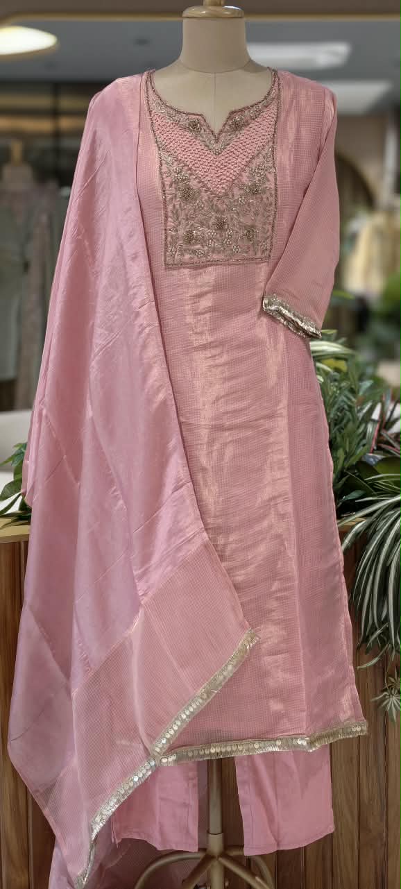 Blush Kota Tissue Checks Elegant Yoek Embroidery Staright Full Suit Set With Dupatta- 16244