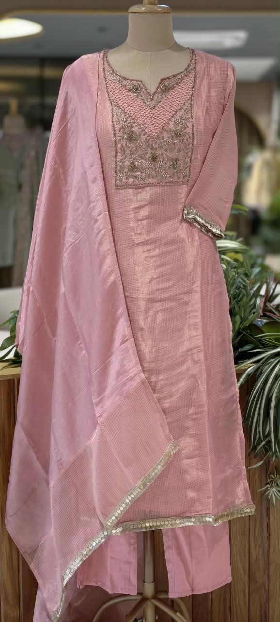 Blush Kota Tissue Checks Elegant Yoek Embroidery Staright Full Suit Set With Dupatta- 16244