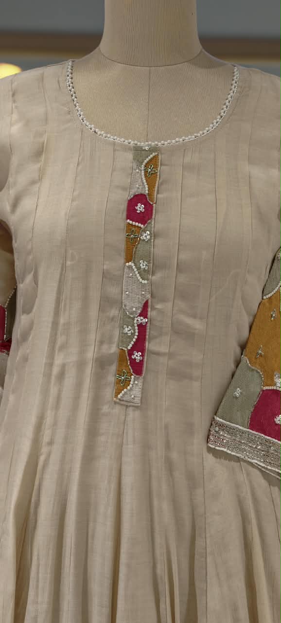 Vibrant Minimal Highlights Embroidered Banarasi Mul-Chanderi A-Line Full Suit Set With Dupatta- 16240