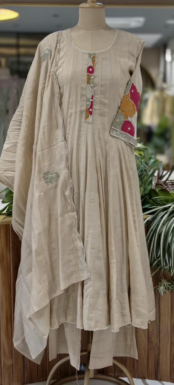 Vibrant Minimal Highlights Embroidered Banarasi Mul-Chanderi A-Line Full Suit Set With Dupatta- 16240