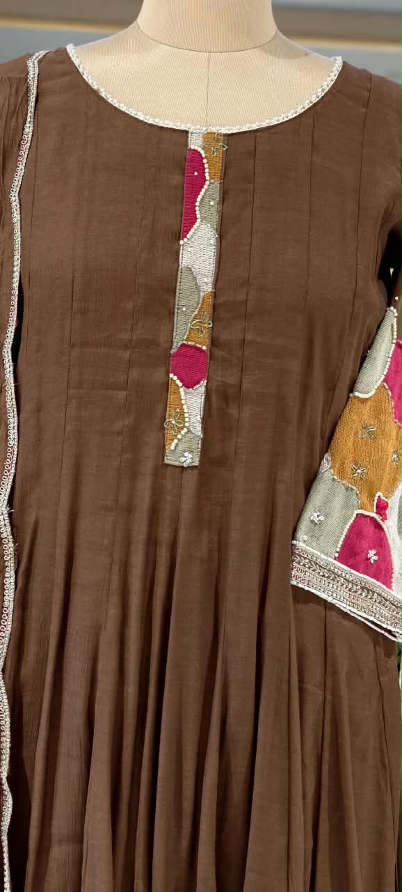 Vibrant Minimal Highlights Embroidered Banarasi Mul-Chanderi A-Line Full Suit Set With Dupatta- 16240