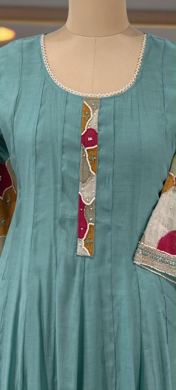 Vibrant Minimal Highlights Embroidered Banarasi Mul-Chanderi A-Line Full Suit Set With Dupatta- 16240