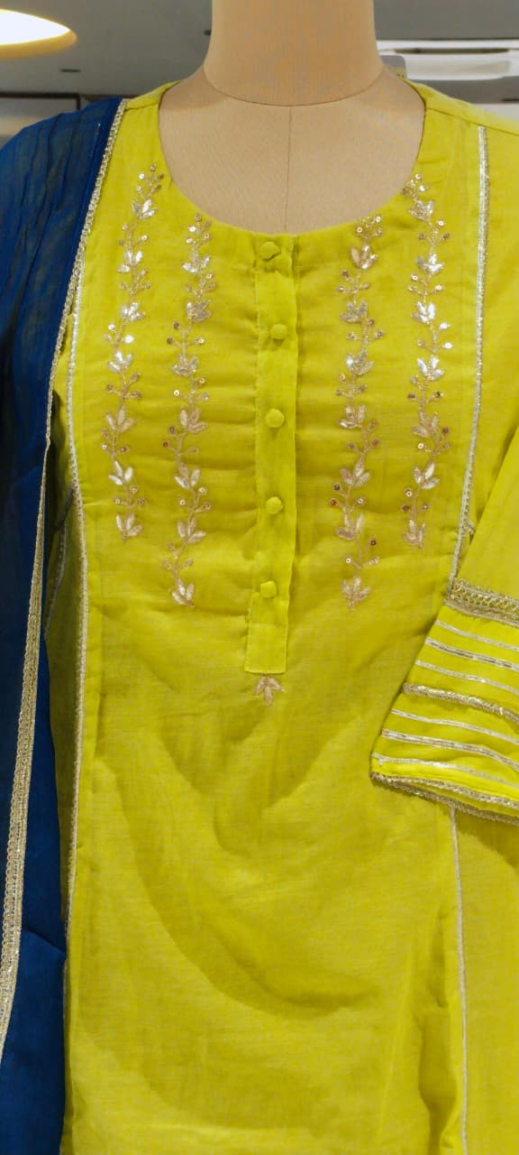 Twin Color Parrot Inspired Pure Chanderi A-Line Full Suit Set With Organza Dupatta- 16248
